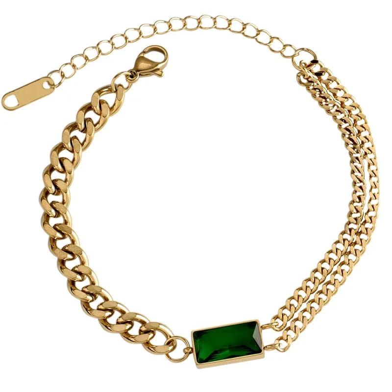 Pulsera doble estilo con piedra verde
