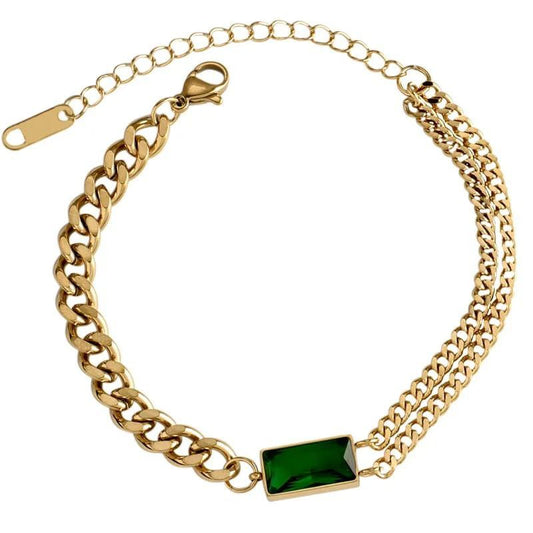 Pulsera doble estilo con piedra verde