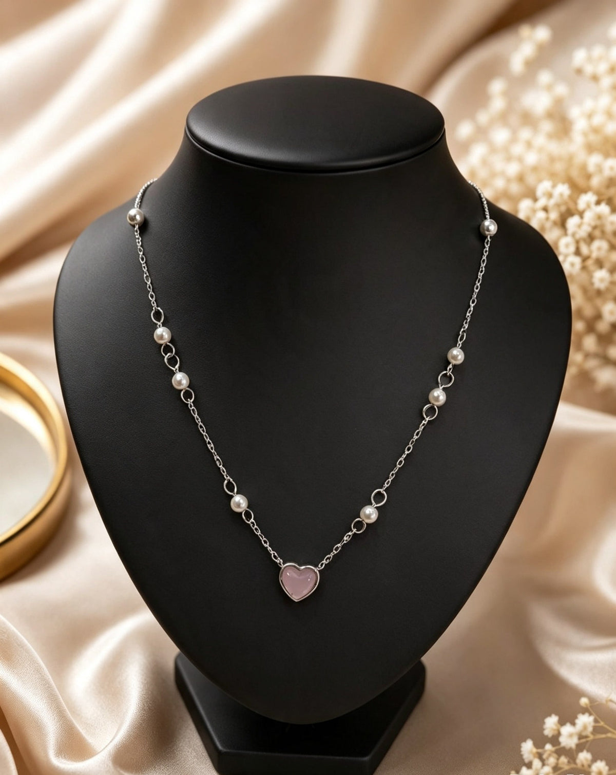 Cadena perlas y corazón rosa plata 925✨